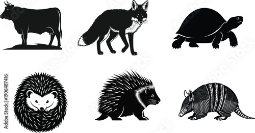 Set of Animal Silhouettes: Cow, Fox, Tortoise, Hedgehog, Porcupine, Armadillo