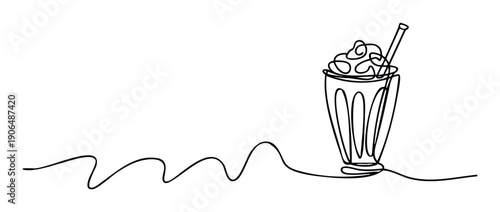 Minimalist continuous line drawing of a refreshing milkshake drink in a tall glass with whipped cream and a straw, perfect for food and beverage marketing materials or decor applications