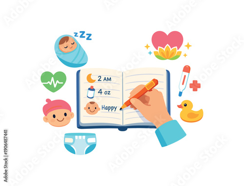 parent journaling small notebook with sleep feed mood tracking newborns condition mindful care clean shapes. colored flat icon vector illustration