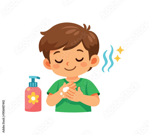 kid wearing scented lotion on hands tiny smell icon controlled olfactory input clean shapes. colored flat icon vector illustration