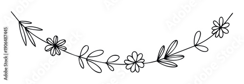 Minimalist black line drawing of an elegant curving floral vine with leaves and simple flowers ideal for wedding invitations greeting cards or decorative borders