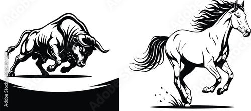 Powerful Bull and Majestic Horse in Dynamic Contrast, Black and White