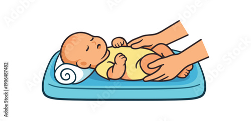parent gently placing newborn onto soft changing mat with rolled towel under the head careful transfer of baby clean shapes. colored flat icon vector illustration