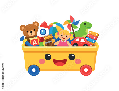 large toy storage box on wheels with smiling face filled with mixed toys easy clean up helper clean shapes. colored flat icon vector illustration