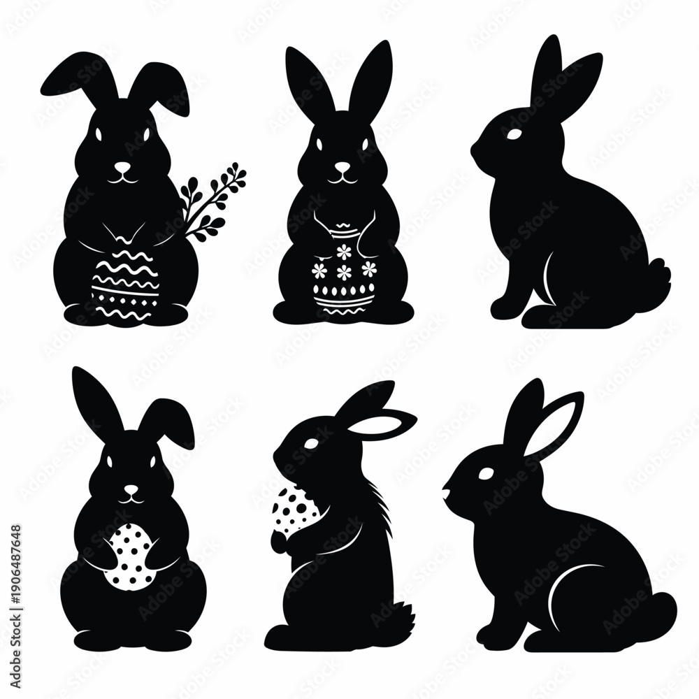 Fototapeta premium Easter Bunny Silhouettes with Eggs and Flowers illustration