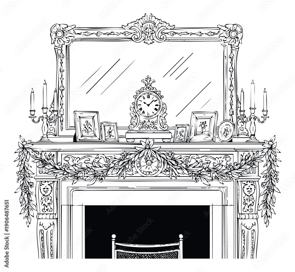 Naklejka premium Elegant fireplace mantelpiece with an ornate mirror, classic clock, candelabras, and framed pictures, perfect for home decor, interior design, or architectural inspiration