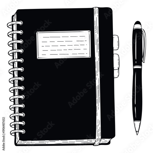Classic monochrome depiction of a spiral bound notebook with an elastic closure and a stylish writing pen, perfect for education, office, or personal planning themes.