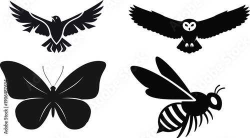 Black Silhouette Icons of Birds, Butterfly and Bee on White Background