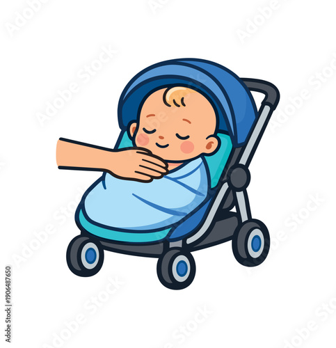 baby stroller with extra thin blanket while parent checks chest temperature instead of hands correct warmth check for infant clean shapes. colored flat icon vector illustration