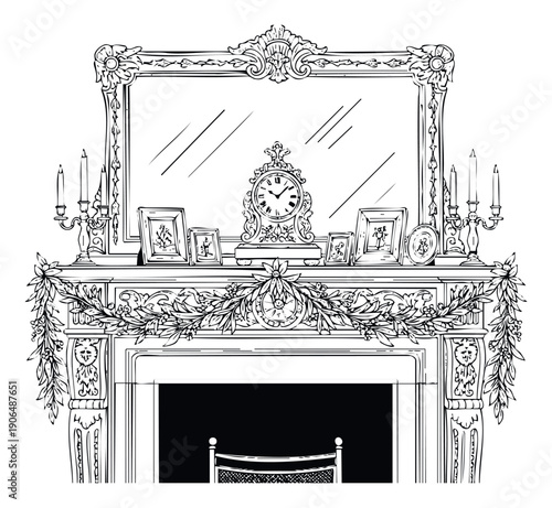 Elegant fireplace mantelpiece with an ornate mirror, classic clock, candelabras, and framed pictures, perfect for home decor, interior design, or architectural inspiration