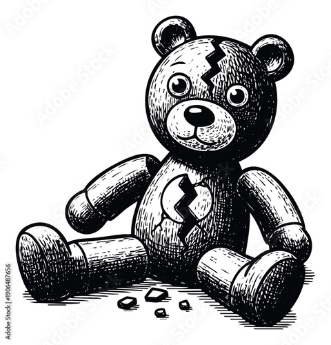 A poignant black and white engraved teddy bear with a cracked face and separated leg, conveying themes of loss, vintage nostalgia and childhood sadness, perfect for expressive graphics.
