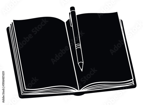 Open notebook with a pen resting on its spine symbolizing writing learning and capturing ideas for educational materials business presentations or personal journaling applications