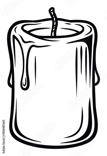 Stylized black and white contour graphic of a melting pillar candle with a visible wick and dripping wax, perfect for crafting minimalist logos, festive season decorations, or spiritual