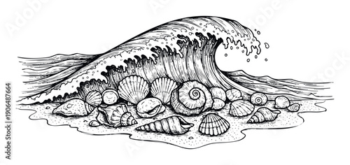 Dynamic ocean wave crashes over a collection of detailed seashells and smooth pebbles on a sandy beach shore ideal for summer vacation advertising and nature themed publications