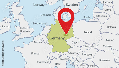 Germany on Europe map with pin location marker. Vector flat template.	