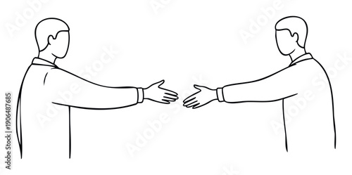 Two people reaching out with open hands for a handshake, symbolizing business agreement, partnership, or initial meeting for corporate presentations and communication materials.