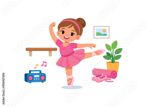 girl practicing ballet pose at home dance hobby for kids clean shapes. colored flat icon vector illustration