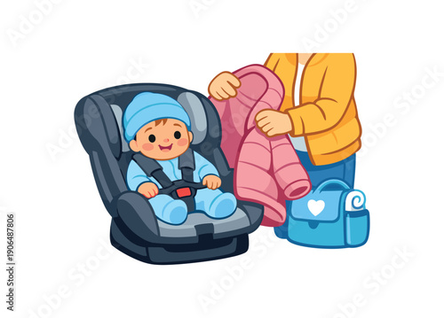 baby indoors while parent removes extra outer layer before going outside safe clothing for use clean shapes. colored flat icon vector illustration