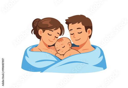 newborn lying on parents chest skin to skin position both covered with light blanket kangaroo care as gentle support clean shapes. colored flat icon vector illustration