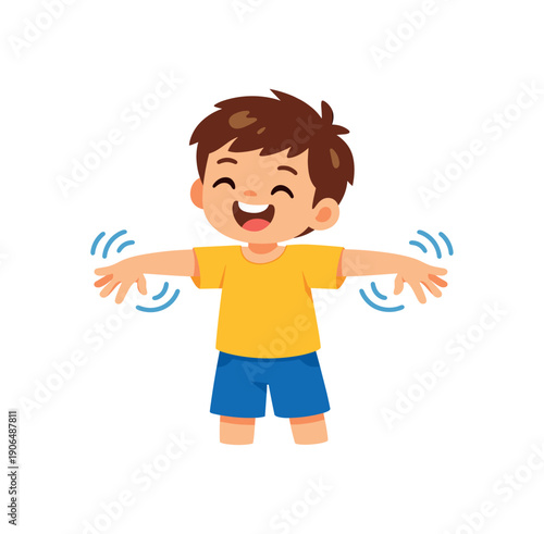 kid shaking arms and hands releasing tension movement break clean shapes. colored flat icon vector illustration