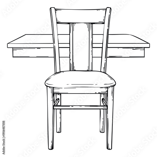 Simple hand drawn outline of a wooden dining chair and table, perfect for kitchen interior design projects, restaurant menu layouts, or home furnishing catalog pages.