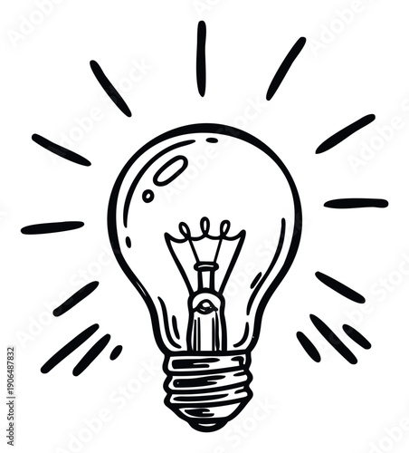 Hand drawn glowing light bulb symbol representing a new idea or inspiration for problem solving and innovation, suitable for educational materials or business presentations.