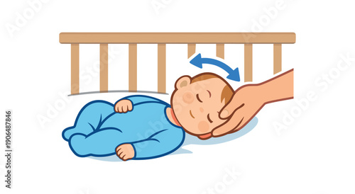 parent gently turning babys head to the other side crib even load on neck prevention of one sided position clean shapes. colored flat icon vector illustration