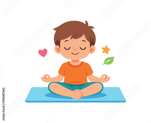 child practicing yoga pose on mat calm wellness hobby for kids clean shapes. colored flat icon vector illustration
