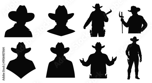 Eight Black Silhouettes of Cowboys and Cowboy Heads