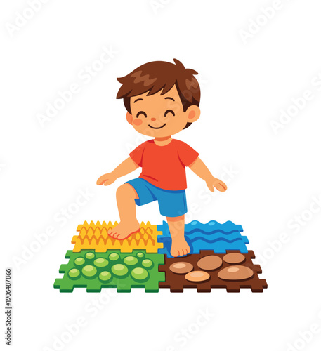 kid stepping on textured mat barefoot grounding sensory input clean shapes. colored flat icon vector illustration