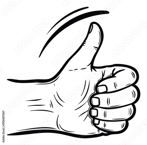 Black and white line drawing of a hand performing a thumbs up gesture, symbolizing approval, excellent work, or positive feedback for various communication and marketing purposes