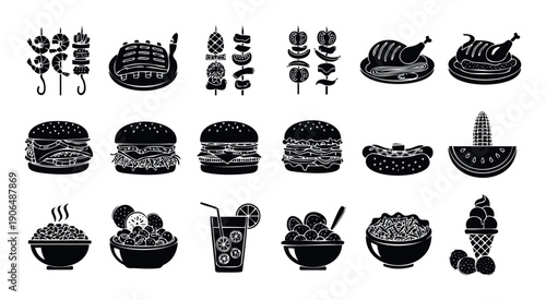 Variety of tasty monochrome barbecue and picnic food visuals such as roasted chicken burgers skewers and refreshing treats useful for promotional materials and foodrelated projects.