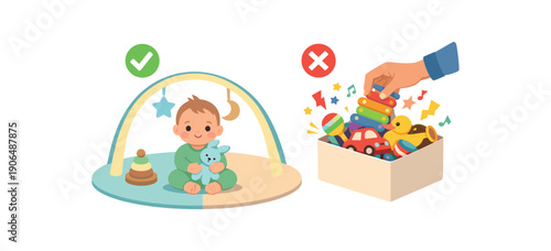 baby on play mat while parent removes very bright noisy toys leaving only few calm items protection from overstimulation clean shapes. colored flat icon vector illustration