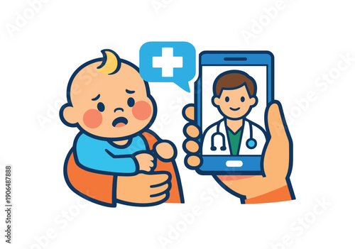 baby with slightly red cheek while parent holds phone with doctor icon symbol consulting doctor not self treating clean shapes. colored flat icon vector illustration