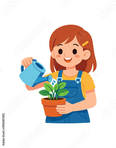 girl caring for houseplant with watering can plant growing hobby clean shapes. colored flat icon vector illustration