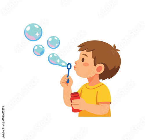 child blowing bubbles air slow breath and visual tracking calming activity clean shapes. colored flat icon vector illustration