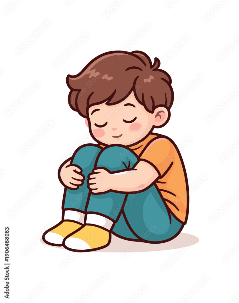 © Framezy - child hugging knees to chest sitting on floor compact self soothing pose clean shapes. colored flat icon vector illustration © Framezy - child hugging knees to chest sitting on floor compact self soothing pose clean shapes. colored flat icon vector illustration