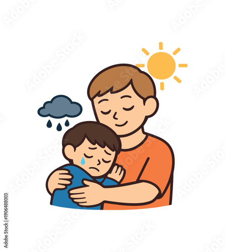 parent hugging crying child calm neutral face tiny cloud over child and sun over parent co regulation concept clean shapes. colored flat icon vector illustration