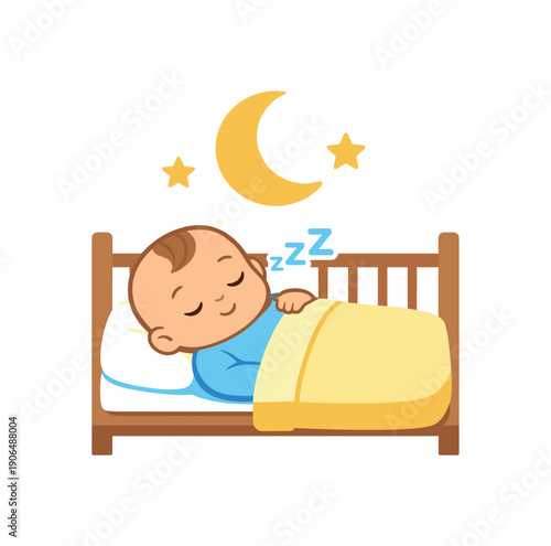 baby sleeping on back crib with simple blanket and moon icon above safe child sleep clean shapes. colored flat icon vector illustration