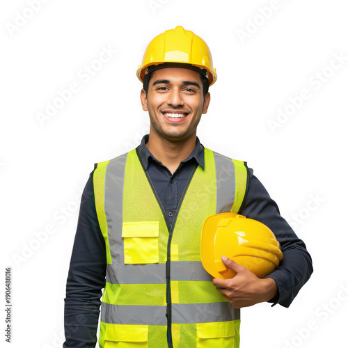 man wearing yellow hard hat and safety vest holding another hard hat