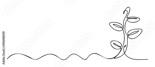 Minimalist continuous line drawing depicting a growing plant sprout with leaves symbolizing natures renewal and organic vitality, ideal for ecofriendly branding, spiritual wellness, or
