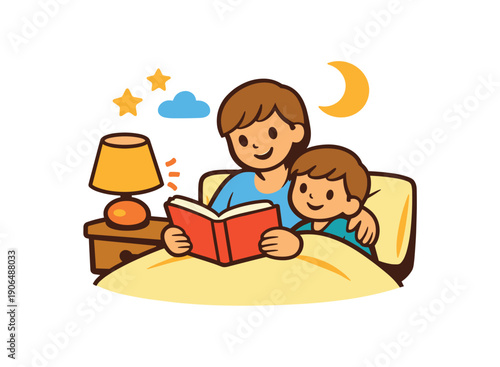 parent reading bedtime story to child under soft lamp cozy night routine for kids clean shapes. colored flat icon vector illustration