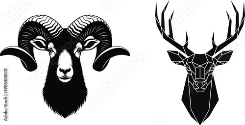 Ram and Deer Heads Geometric Vector Silhouettes, Animal Icons