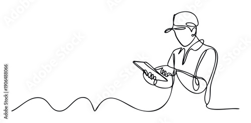 Continuous line drawing of a person wearing a cap and holding a tablet, representing modern technology and digital communication, ideal for business presentations and web graphics