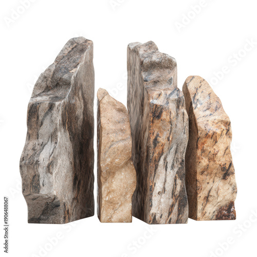 Natural stone slab collection isolated on white background, rough vertical rock pieces with gray and beige marbled texture for landscaping and construction design