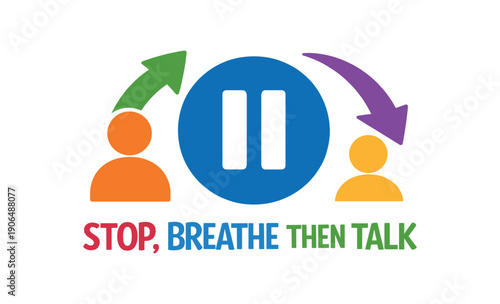 simple pause button icon between parent and child arrows showing stop breathe then talk mindful parenting pause clean shapes. colored flat icon vector illustration