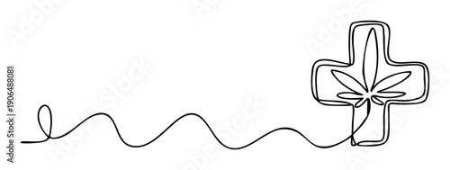 Minimalist continuous one line drawing depicting a medical cross and cannabis leaf, symbolizing natural wellness and alternative therapy for healthcare product branding and medical