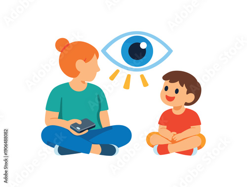 parent sitting with phone turned face down and big eye icon focused fully on child present attention clean shapes. colored flat icon vector illustration