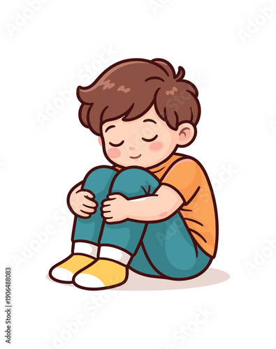 child hugging knees to chest sitting on floor compact self soothing pose clean shapes. colored flat icon vector illustration