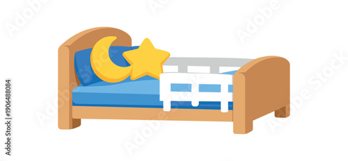 toddler bed with safety rail moon and pillow child night safety clean shapes. colored flat icon vector illustration